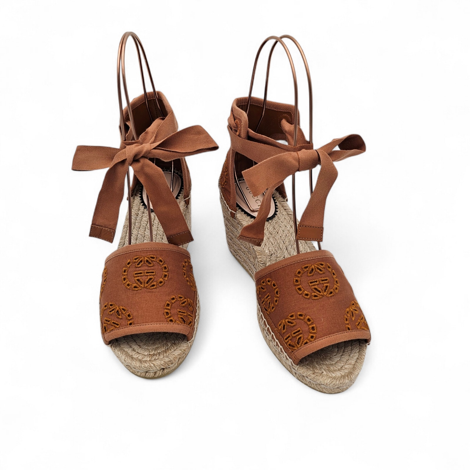 Gucci Gg Espadrille Wedge Sandal Eyelet Canvas Ankle Tie Brown Size 37 Us 7